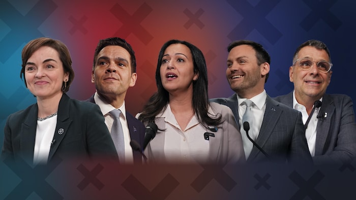 Montage de portraits des cinq chefs de partis politiques provinciaux.