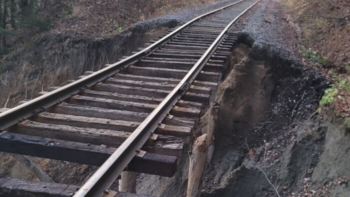 Le sol sous un voie ferrée s'est affaissé. 