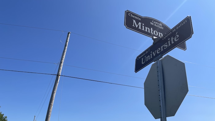 Un panneau arrêt avec deux affiches de rues.
