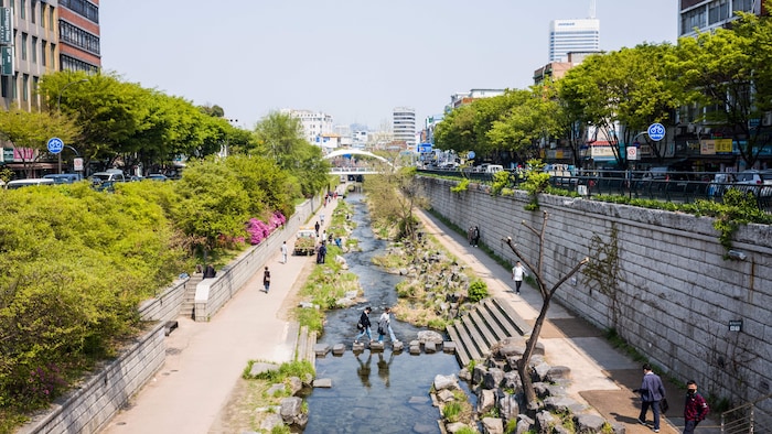 Des gens traversent le Cheonggyecheon grâce à un passage constitué de grosses pierres, à Séoul.