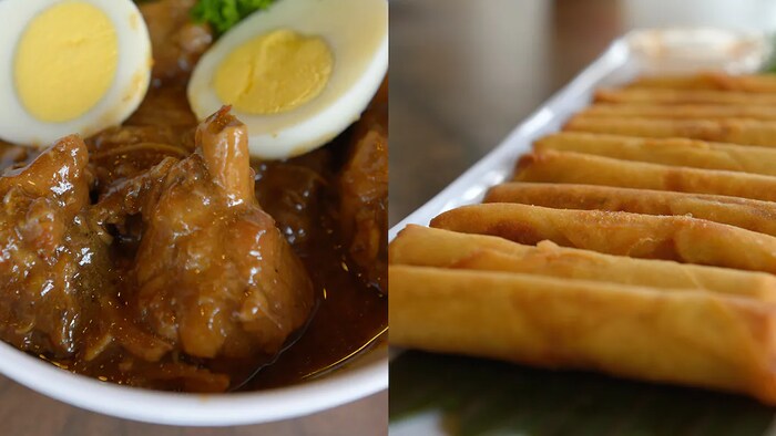 Chicken adobo at lumpia sa plato.