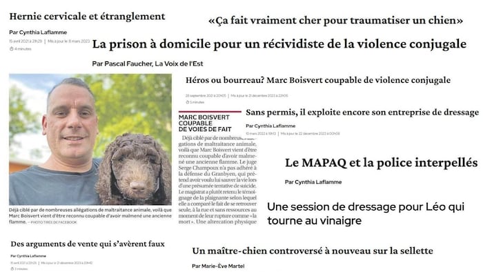 Montagne de plusieurs grands titres de journaux qui relatent les frasques de Marc Boisvert.