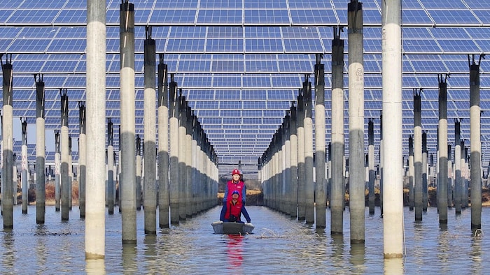 Des travailleurs vérifient des panneaux solaires installés sur un lac à Tianchang, dans la province d'Anhui, dans l'est de la Chine.