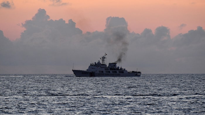 An April 2023 photo of a Chinese coast guard ship patrolling the South China Sea. (Ted Aljibe/AFP via Getty Images)