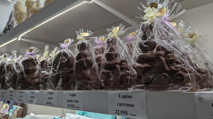 Des lapins en chocolat emballés sur une tablette.