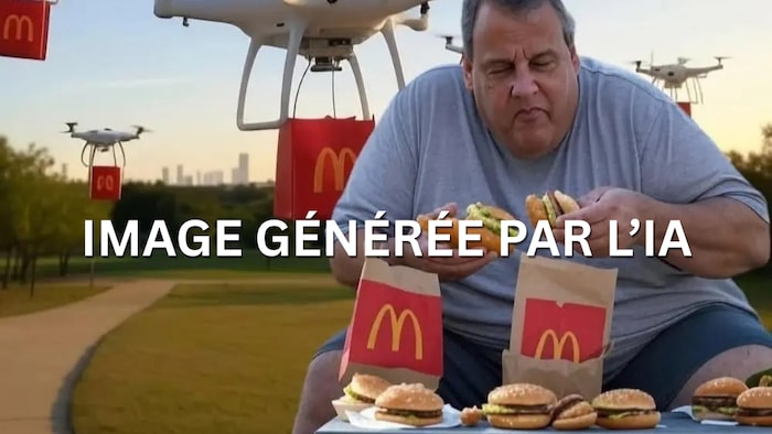 Chris Christie mange une tonne de hamburgers du McDonald's pendant que des drones lui livrent du McDonald's. L'image est générée par l'intelligence artificielle.