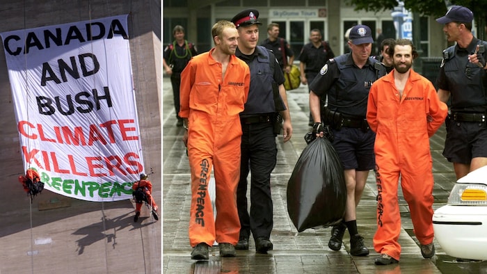 Montage de deux photos montrant la bannière et l'arrestation des deux hommes.