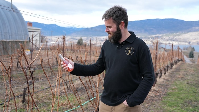 Chris Pagliocchini tenant une bouteille de vin à Penticton, le 26 février 2026.