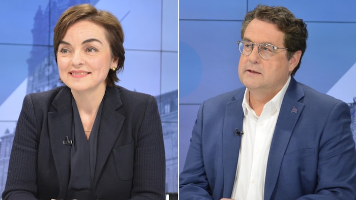 Christine Fréchette et Bernard Drainville sur le plateau des Mordus de politique.