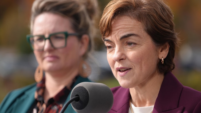 Christine Fréchette, portant un veston mauve, parle dans un micro.