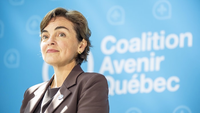Christine Fréchette, à mi-corps et souriante, devant un mur bleu avec le logo de la Coalition avenir Québec.