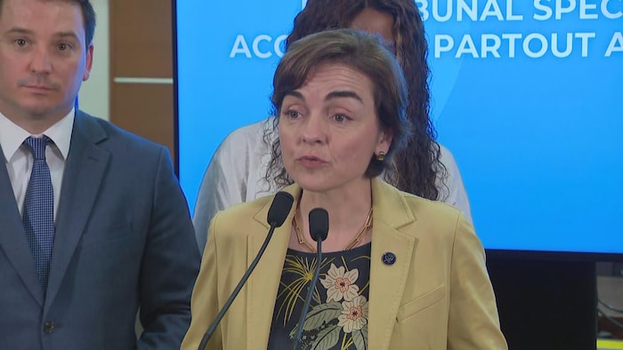 Christine Fréchette s'adresse aux journalistes en conférence de presse.
