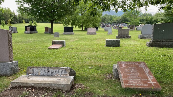 Plusieurs pierres tombales renversées.