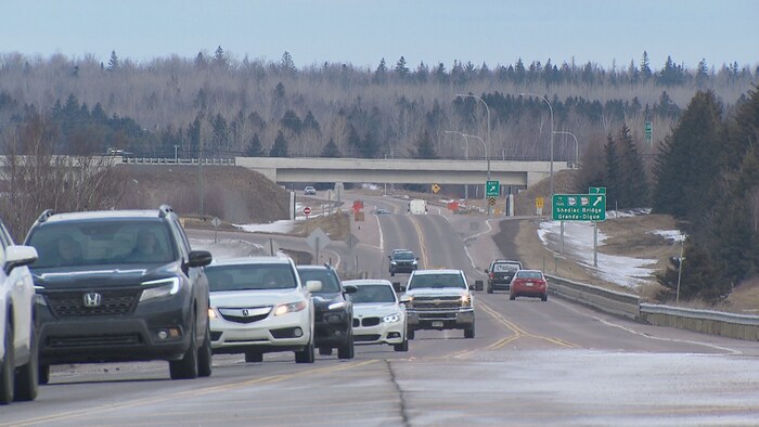 Une dizaine de voitures sur la route.