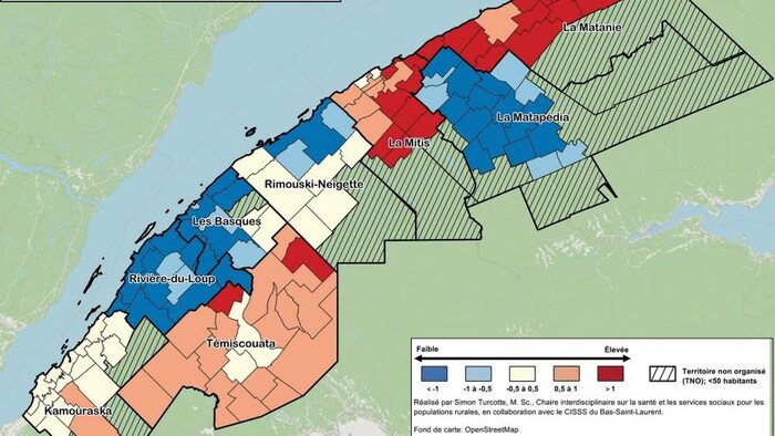 Carte de la région administrtive du Bas-Saint-Laurent montrant le taux de vulnérabilité de la population aux aléas climatiques.