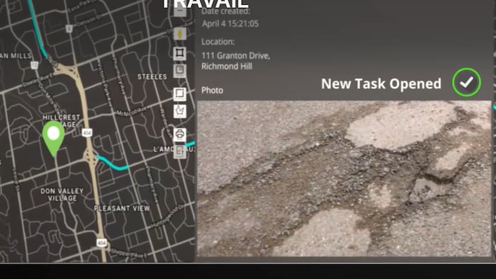 Capture de la plateforme CityRover montrant une photo de nid-de-poule et son emplacement sur une carte.