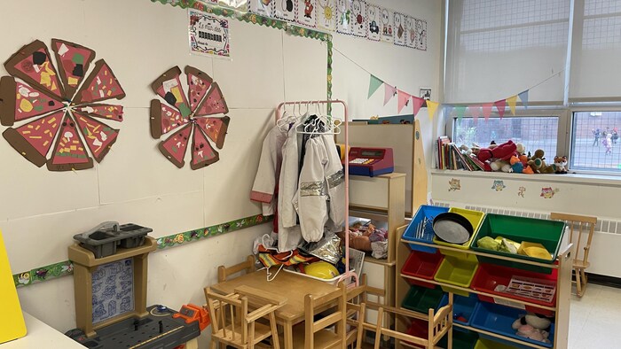 Le coin jeux et cuisine de la classe d'accueil de Vanessa Ibanez; il y a une table de cuisine, des objets divers et des déguisements pour enfants.