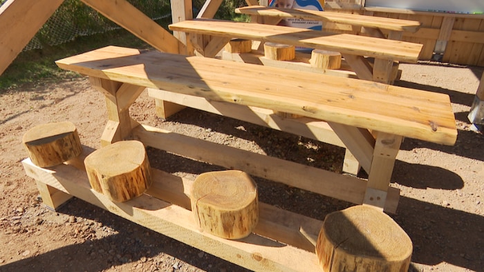 Des bancs sur une table de pique-nique.