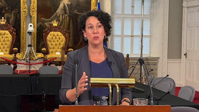 Claudia Chender au lutrin, en train de parler, à l'Assemblée législative.