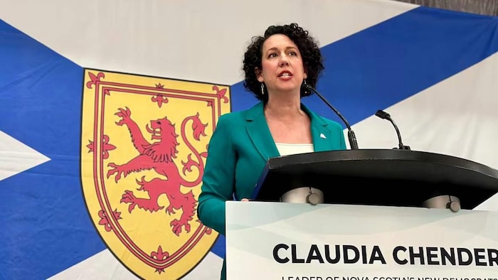 Claudia Chender parle au micro devant un grand drapeau de la Nouvelle-Écosse.
