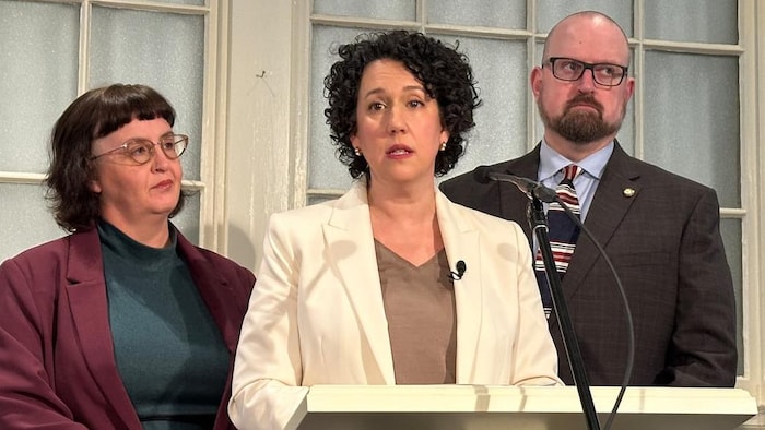 Claudia Chender prononce une allocution. Les deux députés l'entourent en affichant un air sévère.