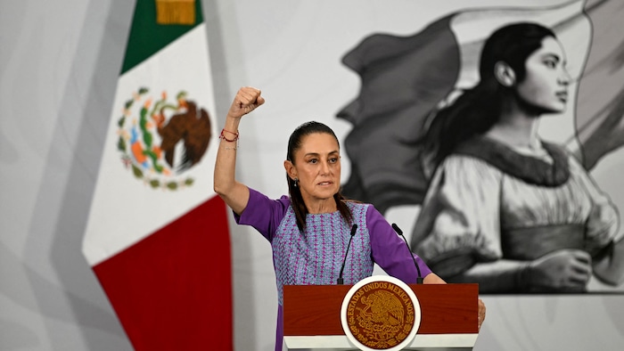 La présidente mexicaine Claudia Sheinbaum fait un geste lors de sa conférence de presse quotidienne au Palais national de Mexico, le 30 avril 2026.