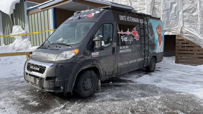 Une fourgonnette de vétérinaire est stationnée.
