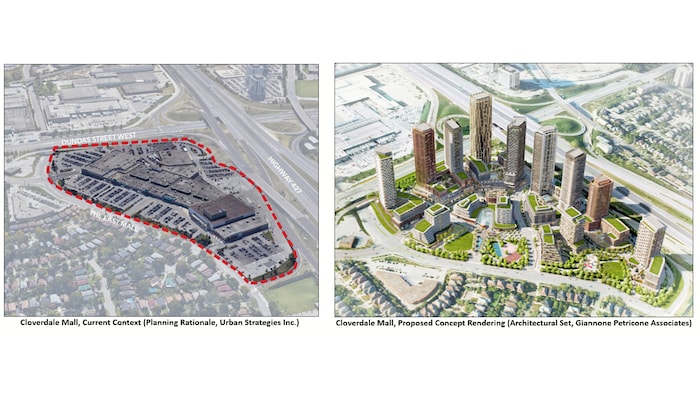 Deux images de l'emplacement actuel et du futur centre commercial Cloverdale à usage mixte.
