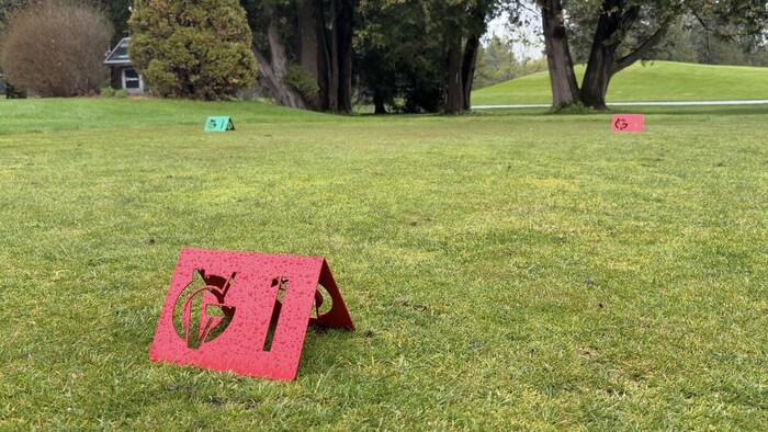 Trois jalons de départ sur un terrain de golf. 
