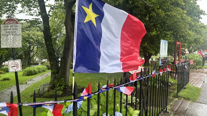 Un gros drapeau drapeau et une ribambelle de drapeaux acadiens accrochés à une clôture. Il pleut.
