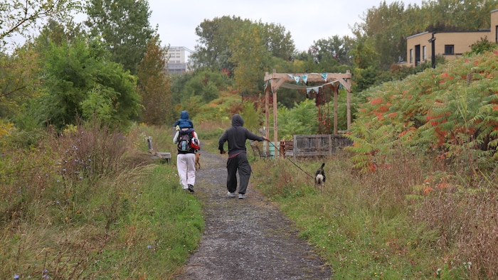 Une famille promène un chien dans un sentier.