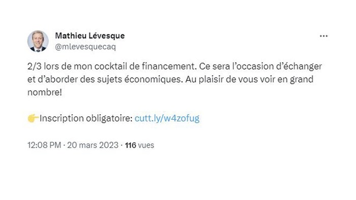 Un message publié sur les réseaux sociaux de Mathieu Lévesque indique que des sujets économiques seront abordés lors de son cocktail de financement.