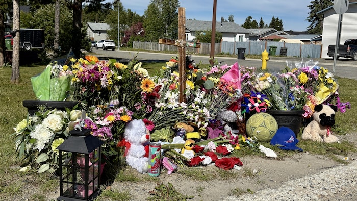 Des fleurs, des jouets et des peluches ont été déposés sur le gazon près du lieu de l'accident.