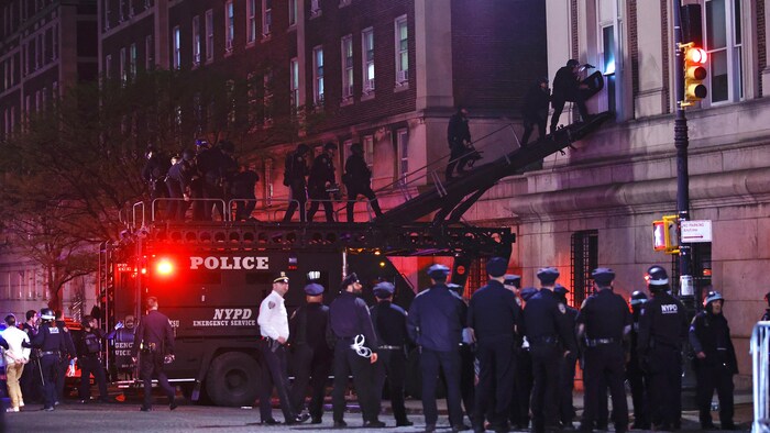 Des policiers entrent dans l'Université Columbia par une fenêtre du premier étage à l'aide de l'échelle d'un camion blindé dans la nuit du 30 avril 2024.