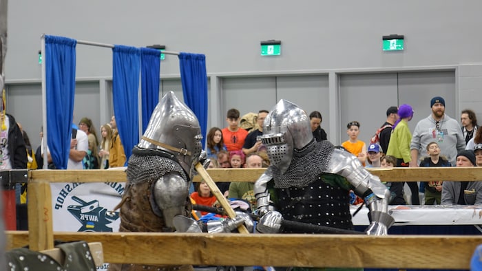 Deux combattants en armure.