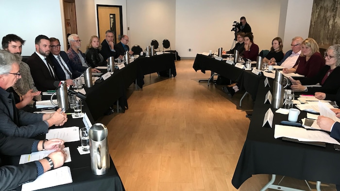 Des personnes sont assises derrière deux longues tables lors d'une commission.