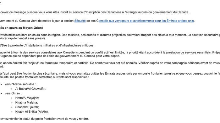 Un document qui recommande à Nathalie Boudreau et à sa famille de se mettre à l'abri en raison de la guerre en Iran.