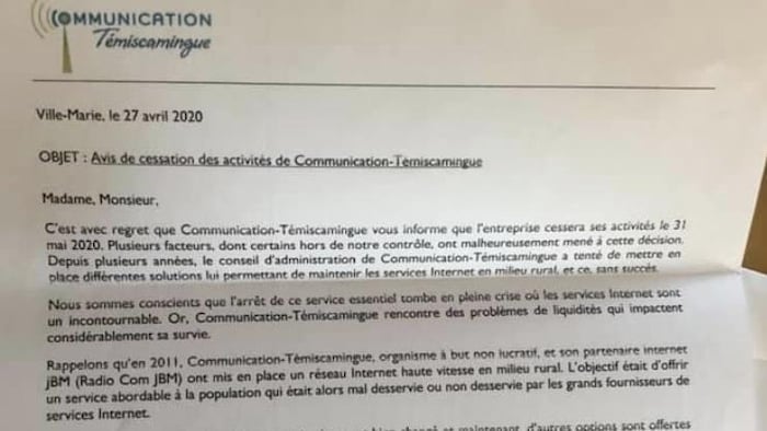 Une lettre étant un avis de cessation des activités de l'entreprise Communication-Témiscamingue