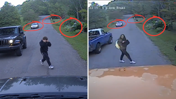 Montage comparant deux photos, un trucage d'un garçon traversant la rue en se couvrant les yeux, et une réelle image d'une écolière traversant la rue en Géorgie.