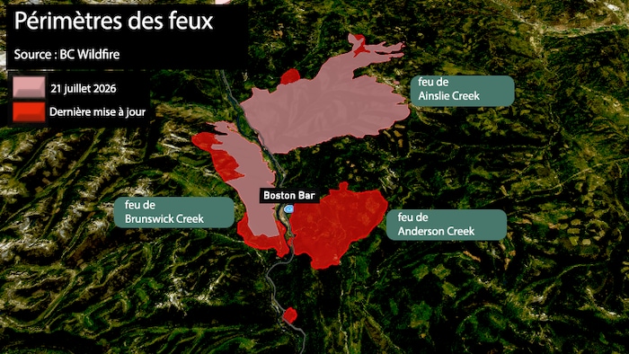 carte représentant les périmètres approximatifs des feux et la progression des derniers jours