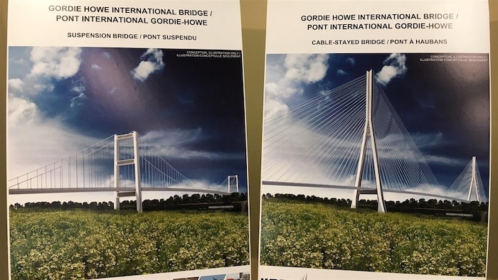 Deux images de concepts proposés pour la construction du pont international Gordie-Howe.