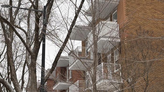 Condo balconies lined up.