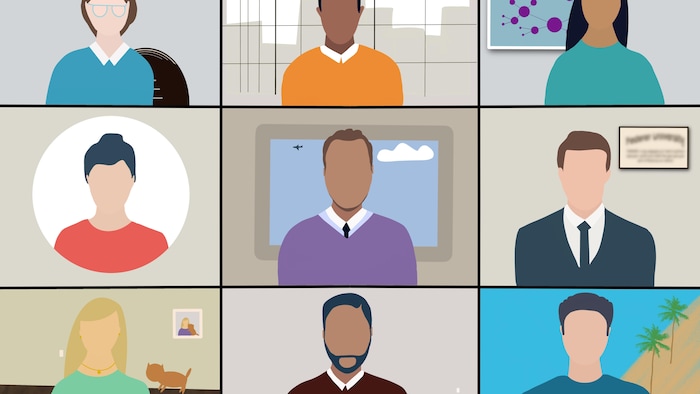 Illustration de 9 personnes connectées sur un logiciel de visioconférence.