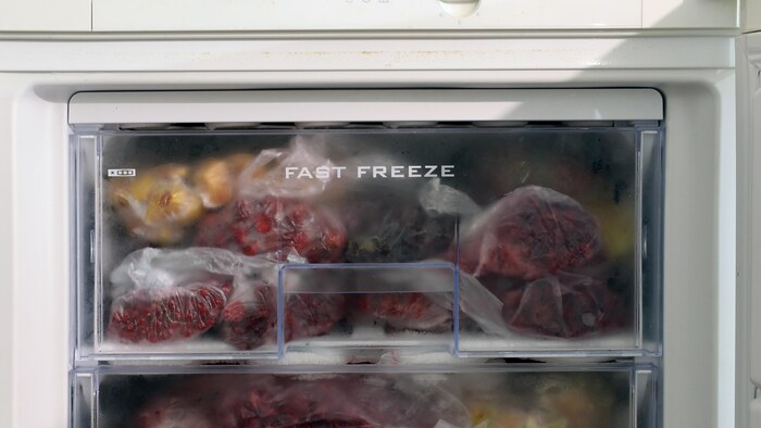 Des paquets de baies congelées visibles dans le tiroir en plastique d'un congélateur. Les mots « Fast Freeze » sont écrits sur le tiroir.