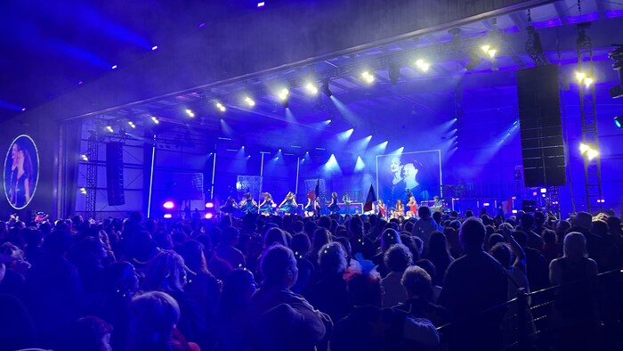 Un très grand nombre de personnes de dos, tournés vers une scène où se déroule un concert en plein air.
