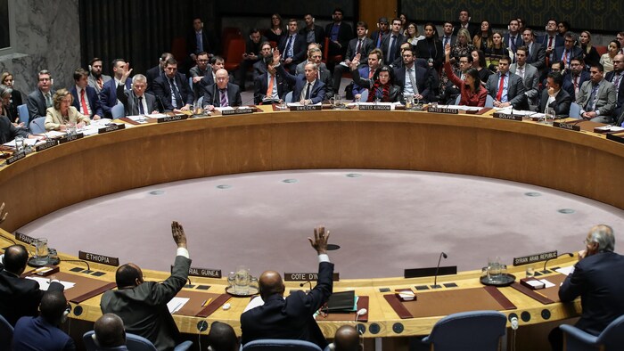 Les membres du Conseil de sécurité de l'ONU procèdent à un vote en avril 2018.