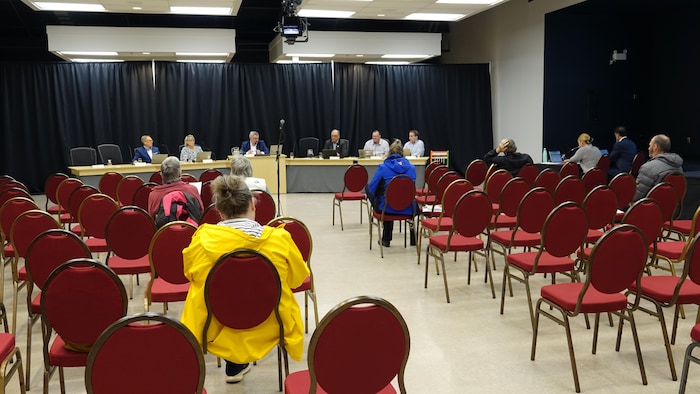 La salle du conseil, vue du fond, avec les spectateurs assis de dos et la table du conseil à l'avant.