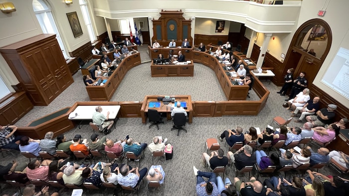 Des gens sont assis à l'hôtel de ville, devant les élus.