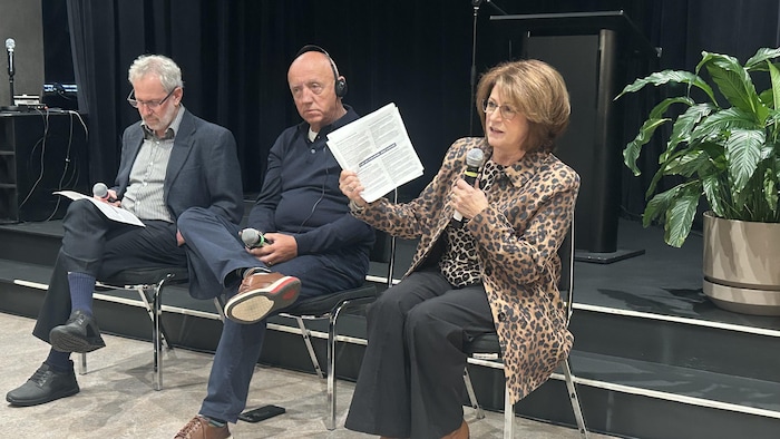 Trois personnes, dont l'une parle à l'aide d'un microphone.