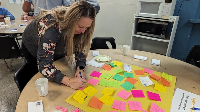 Anabelle Landry-Genesse écrit une idée pour la Ville de Ville-Marie. D'autres papiers sont collés sur un carton.